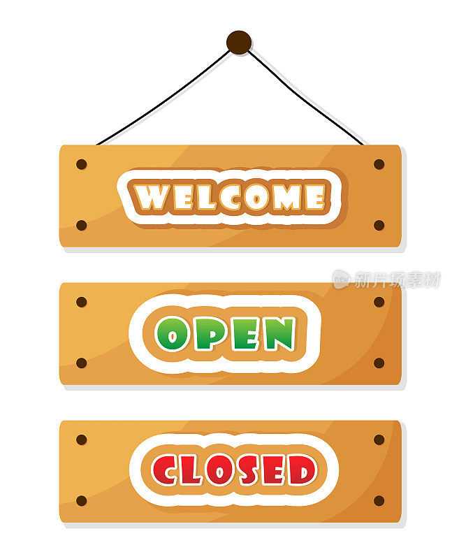 Welcome, open, closed text wooden mark, isolated shop entrance design element. Cartoon wood texture, direction door board plank. Information banner template.